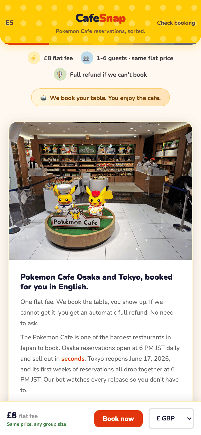 The CafeSnap homepage when you first arrive, showing the booking form and the flat price
