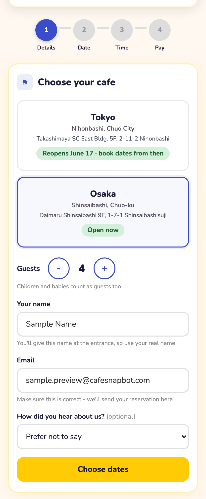 The first step of the booking form, choosing the cafe and party size