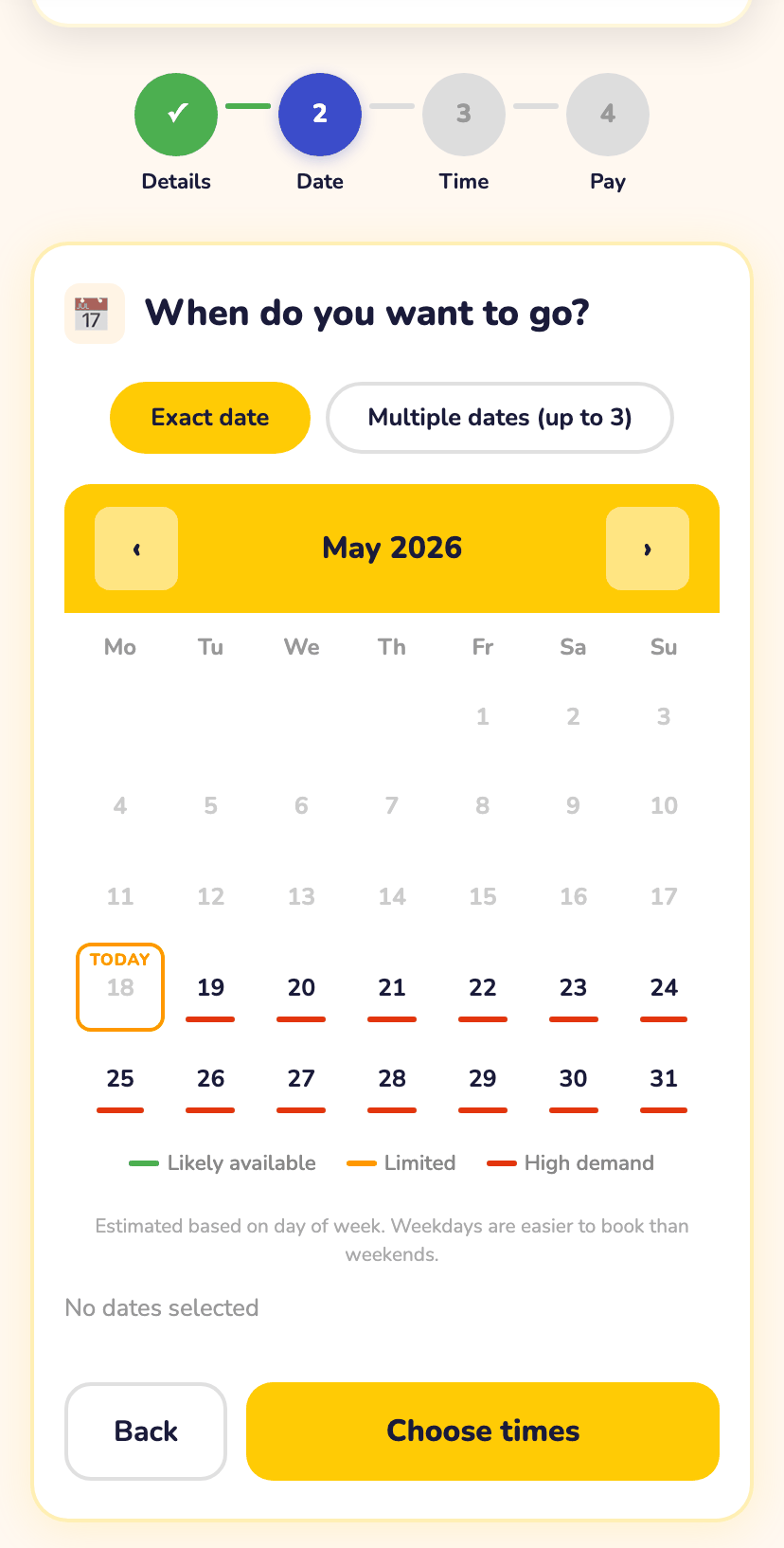 The date picker step of the booking form, where you choose up to three preferred dates