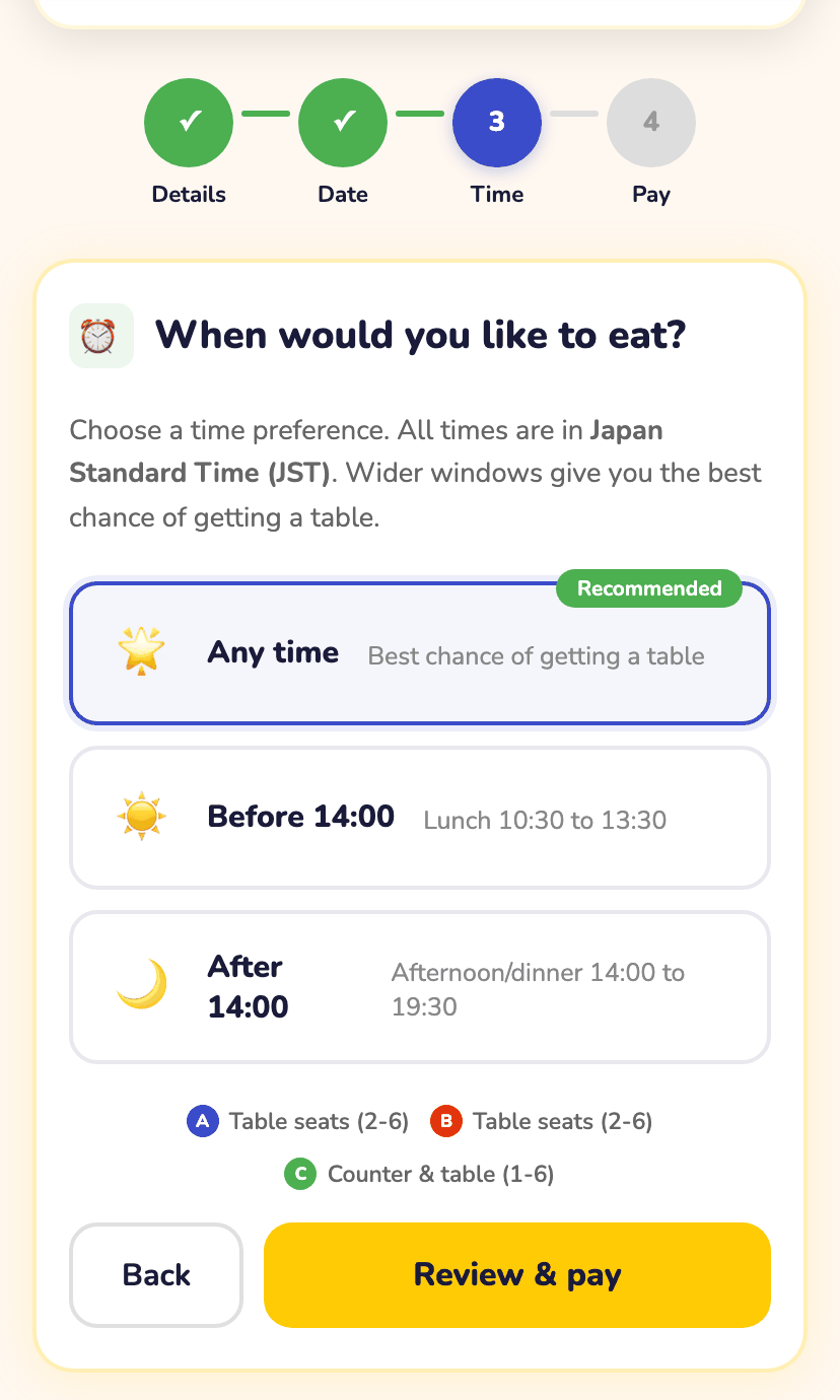 The time preference step of the booking form