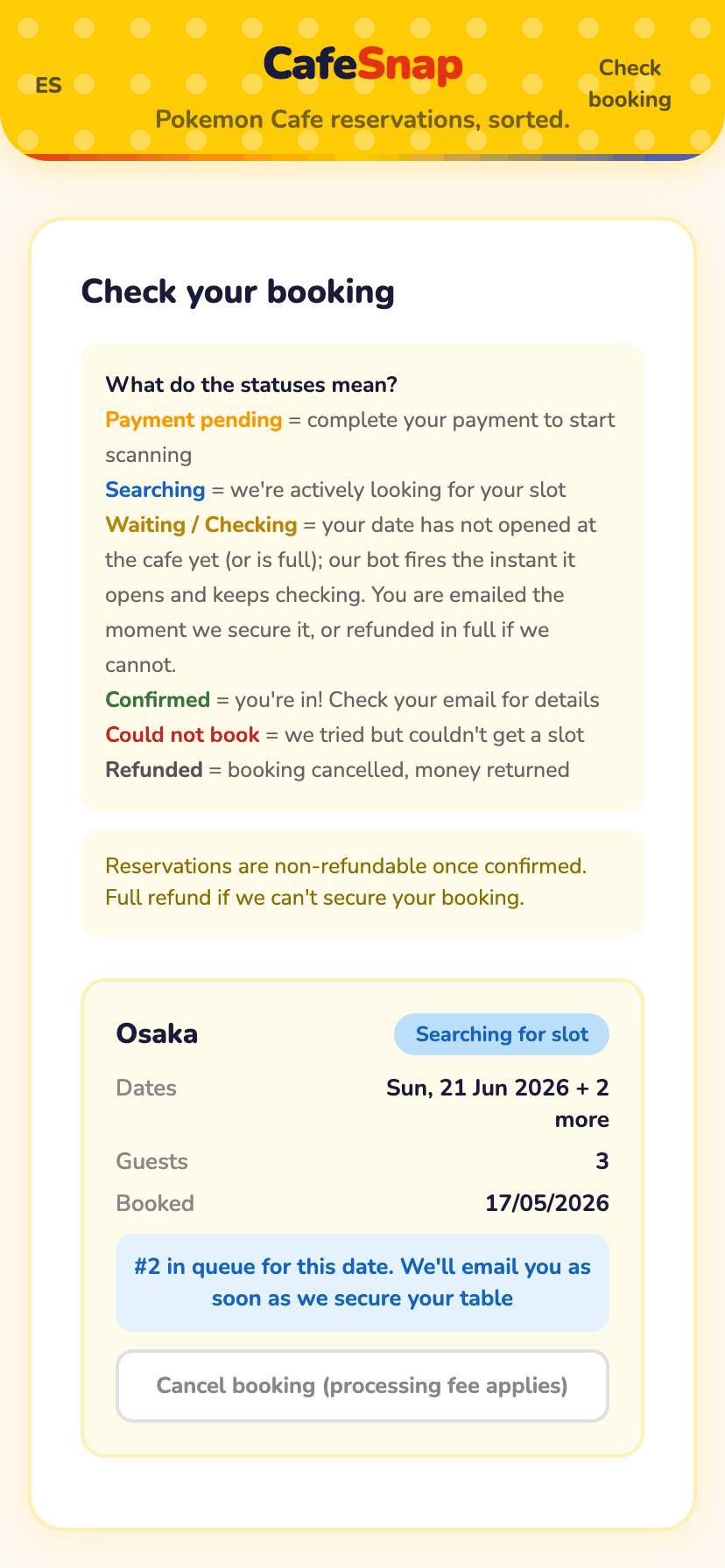The status page while CafeSnap is still searching for a seat